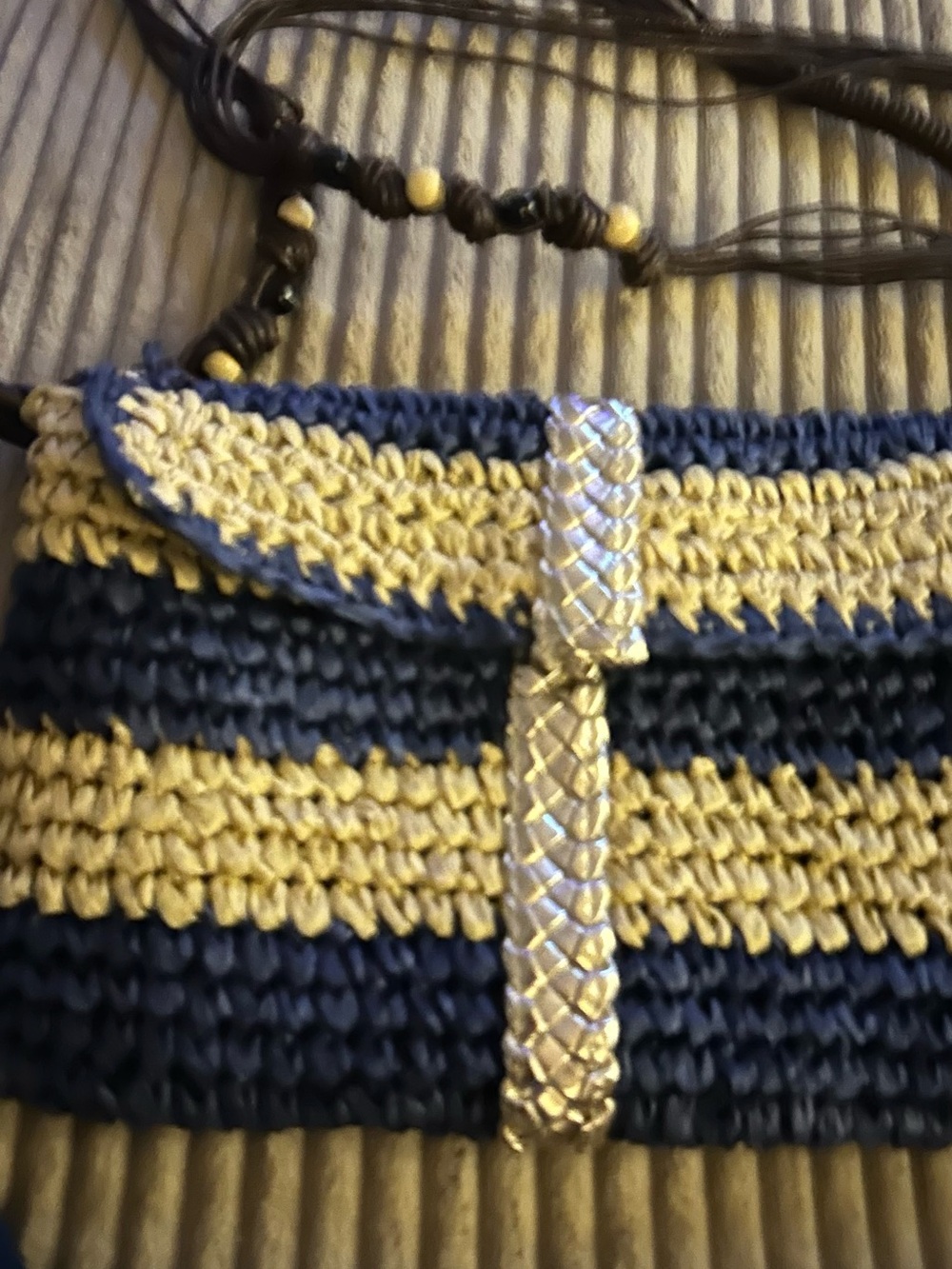 Woven Navy and Cream Crossbody Bag with Braided Silver Accent